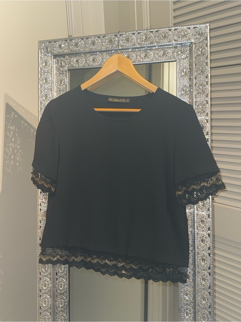 Hazlife Black Lace-Trim Short Sleeve Blouse